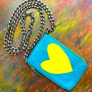 Free people little crossbody bag purse up-cycled 💙💛 metal chain wallet leather